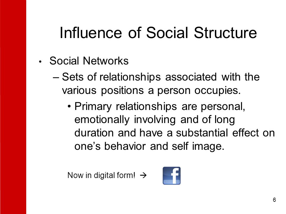 6 Influence of Social Structure Social Networks –Sets of relationships associated with the various positions a person occupies.