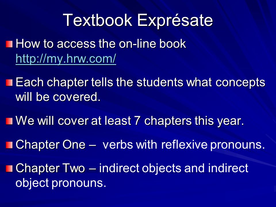 Textbook Exprésate How to access the on-line book     Each chapter tells the students what concepts will be covered.