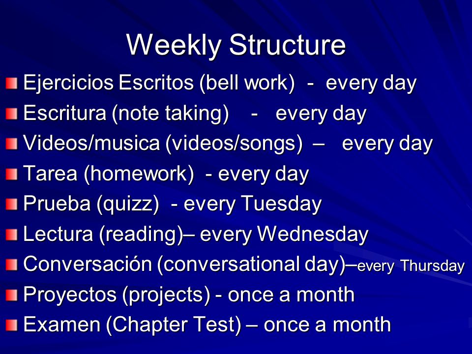 Weekly Structure Ejercicios Escritos (bell work) - every day Escritura (note taking) - every day Videos/musica (videos/songs) – every day Tarea (homework) - every day Prueba (quizz) - every Tuesday Lectura (reading)– every Wednesday Conversación (conversational day)– every Thursday Proyectos (projects) - once a month Examen (Chapter Test) – once a month