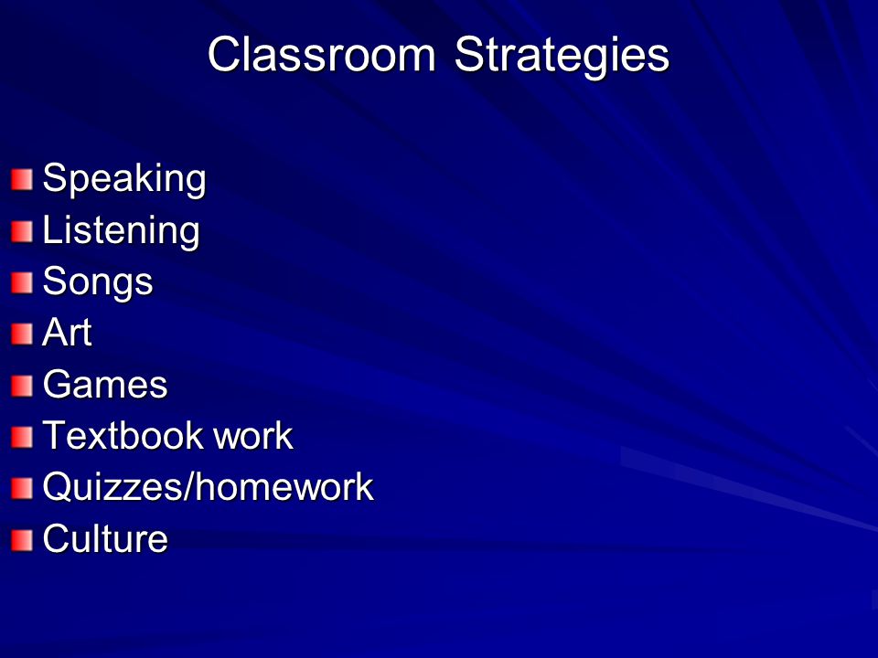 Classroom Strategies SpeakingListeningSongsArtGames Textbook work Quizzes/homeworkCulture