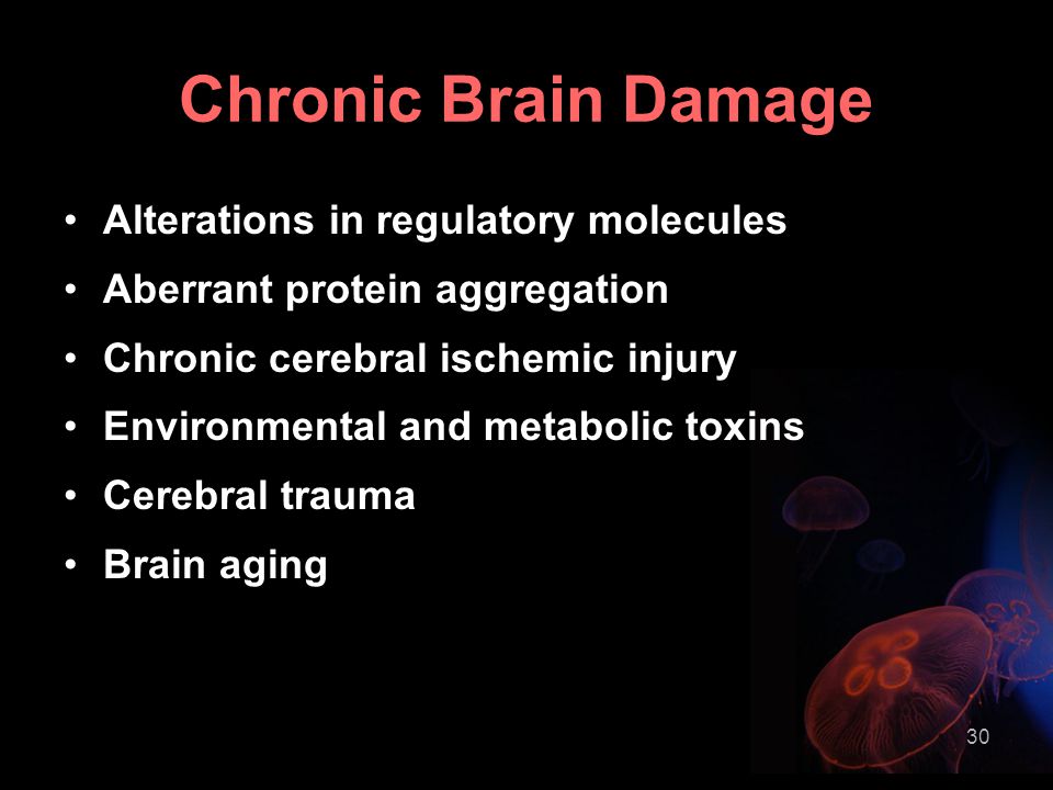 30 Chronic Brain Damage Alterations in regulatory molecules Aberrant protein aggregation Chronic cerebral ischemic injury Environmental and metabolic toxins Cerebral trauma Brain aging