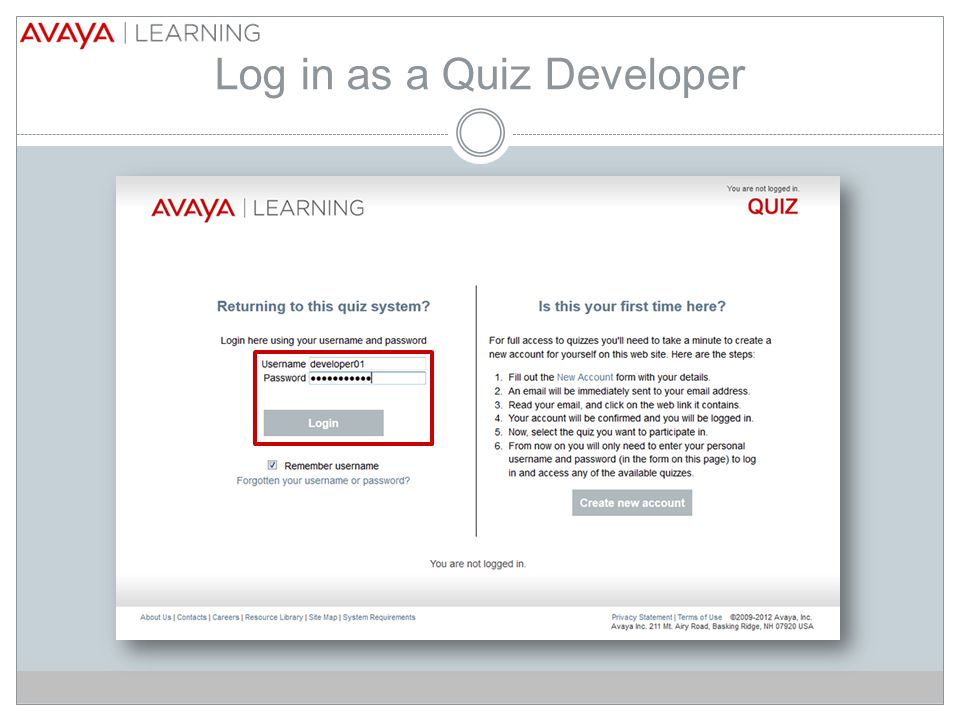 Log in as a Quiz Developer
