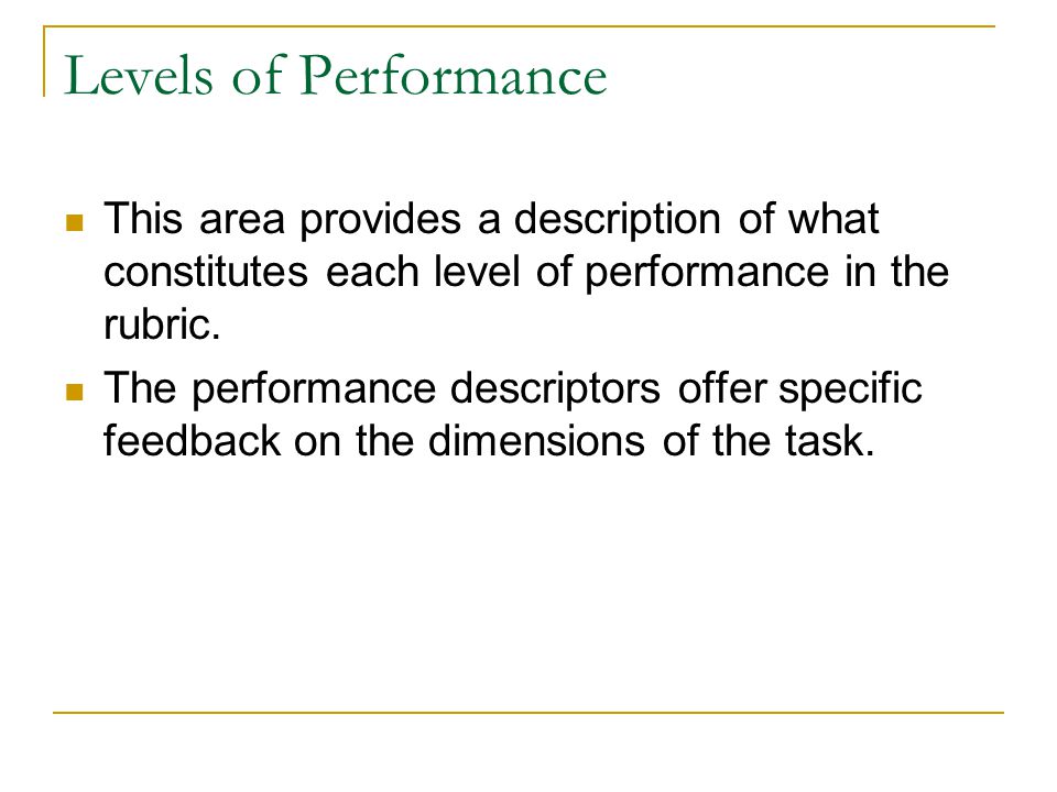 Levels of Performance This area provides a description of what constitutes each level of performance in the rubric.