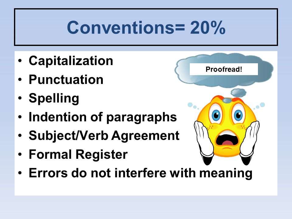 Conventions= 20% Capitalization Punctuation Spelling Indention of paragraphs Subject/Verb Agreement Formal Register Errors do not interfere with meaning Proofread!