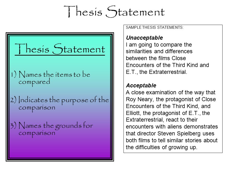 Thesis Statement 1)Names the items to be compared 2) Indicates the purpose of the comparison 3) Names the grounds for comparison SAMPLE THESIS STATEMENTS: Unacceptable I am going to compare the similarities and differences between the films Close Encounters of the Third Kind and E.T., the Extraterrestrial.