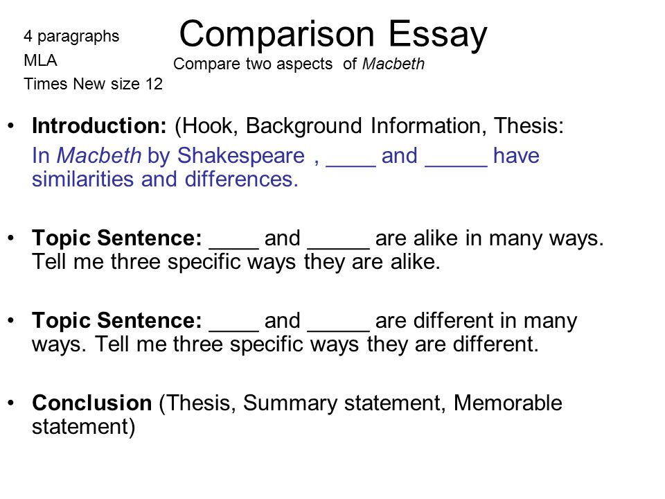 Comparison Essay Introduction: (Hook, Background Information, Thesis: In Macbeth by Shakespeare, ____ and _____ have similarities and differences.