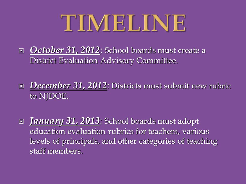  October 31, 2012 : School boards must create a District Evaluation Advisory Committee.
