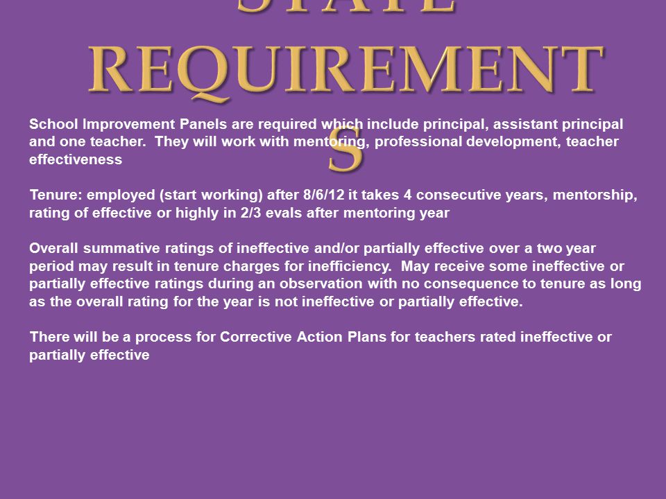 STATE REQUIREMENT S School Improvement Panels are required which include principal, assistant principal and one teacher.