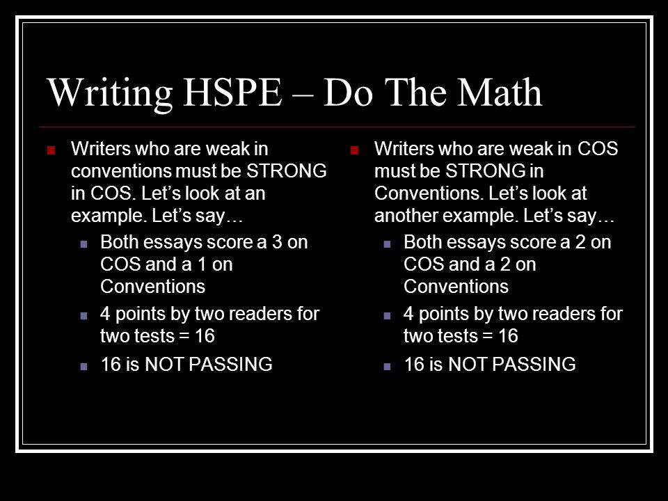 Writing HSPE – Do The Math Writers who are weak in conventions must be STRONG in COS.