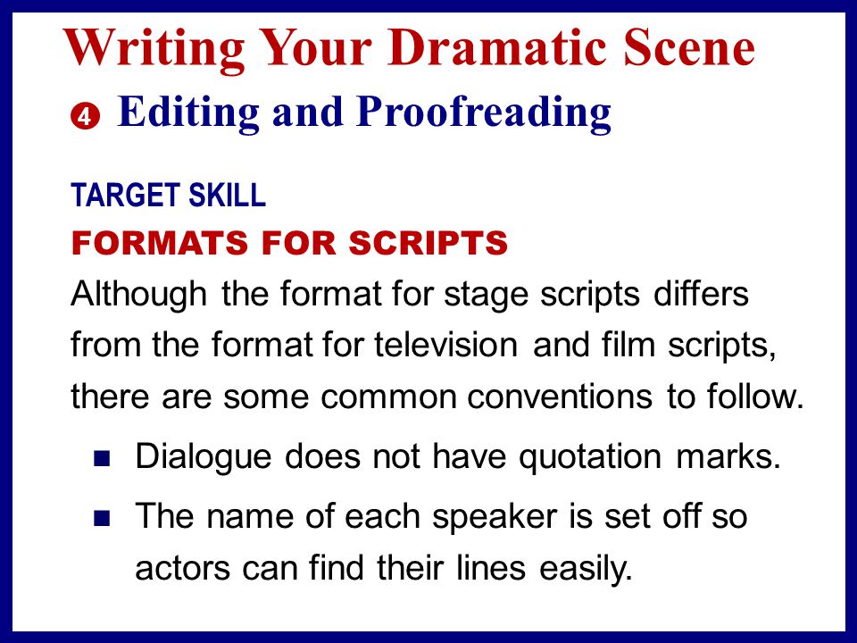 Writing Your Dramatic Scene 3 Revising TARGET SKILL USING DIALOGUE EFFECTIVELY Your characters’ words should sound natural when spoken, so read your dialogue aloud.