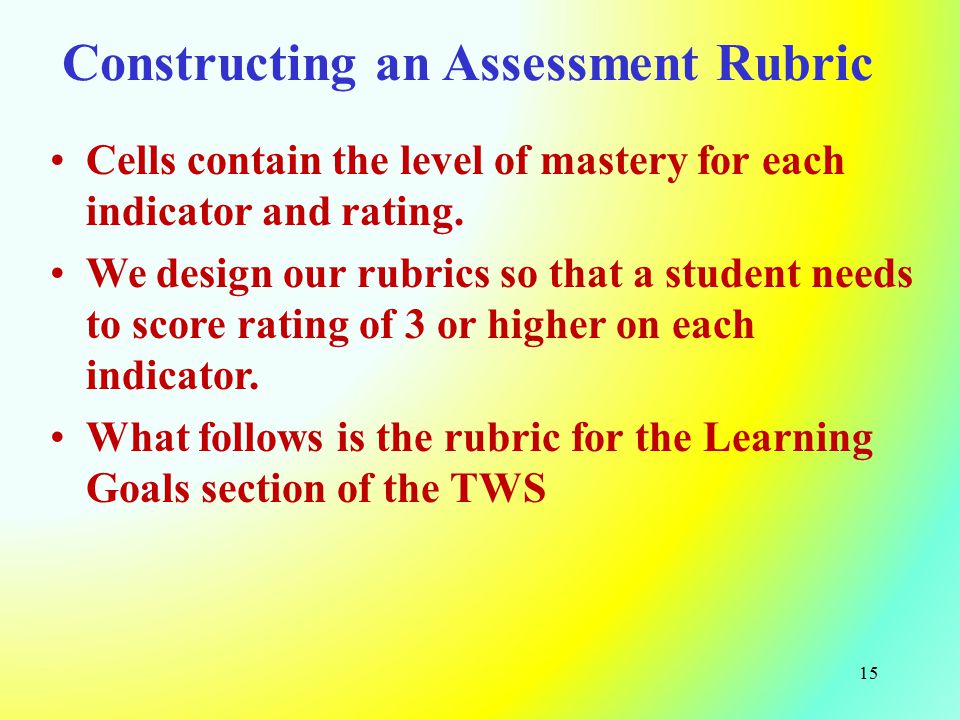 Constructing an Assessment Rubric Cells contain the level of mastery for each indicator and rating.