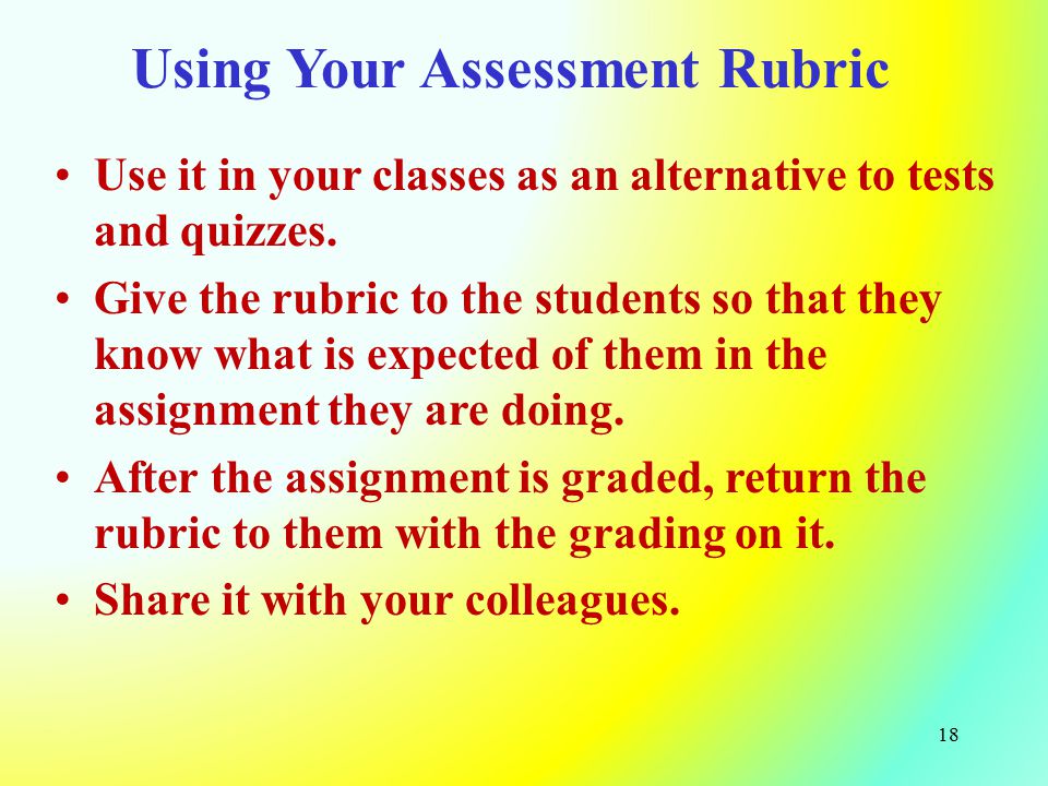 Using Your Assessment Rubric Use it in your classes as an alternative to tests and quizzes.