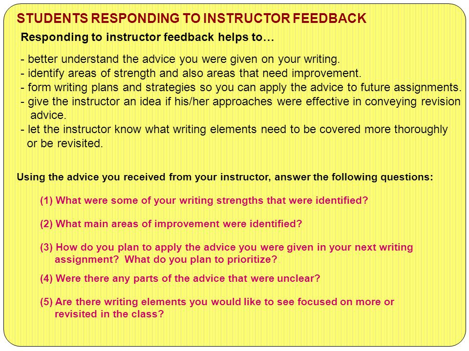 Responding to instructor feedback helps to… - better understand the advice you were given on your writing.