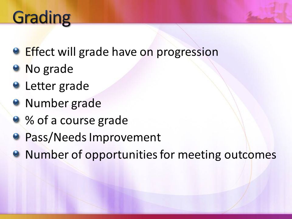 Effect will grade have on progression No grade Letter grade Number grade % of a course grade Pass/Needs Improvement Number of opportunities for meeting outcomes