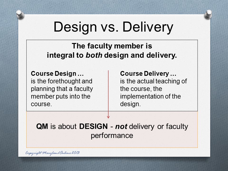 Design vs. Delivery The faculty member is integral to both design and delivery.