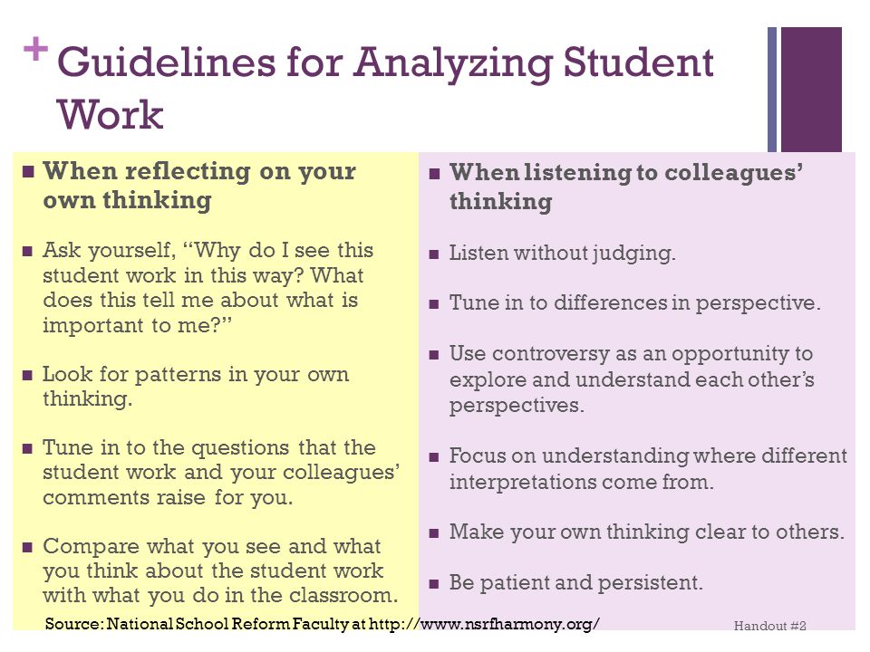 + Guidelines for Analyzing Student Work When reflecting on your own thinking Ask yourself, Why do I see this student work in this way.