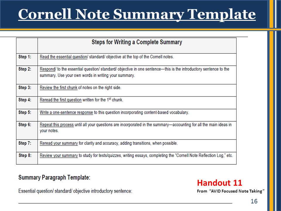 16 Cornell Note Summary Template Handout 11 From AVID Focused Note Taking
