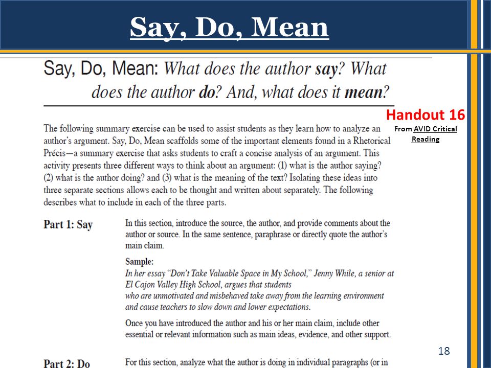 18 Say, Do, Mean Handout 16 From AVID Critical Reading