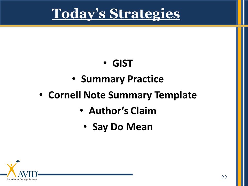 22 GIST Summary Practice Cornell Note Summary Template Author’s Claim Say Do Mean Today’s Strategies