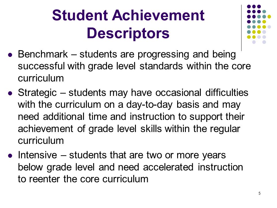 5 Student Achievement Descriptors Benchmark – students are progressing and being successful with grade level standards within the core curriculum Strategic – students may have occasional difficulties with the curriculum on a day-to-day basis and may need additional time and instruction to support their achievement of grade level skills within the regular curriculum Intensive – students that are two or more years below grade level and need accelerated instruction to reenter the core curriculum
