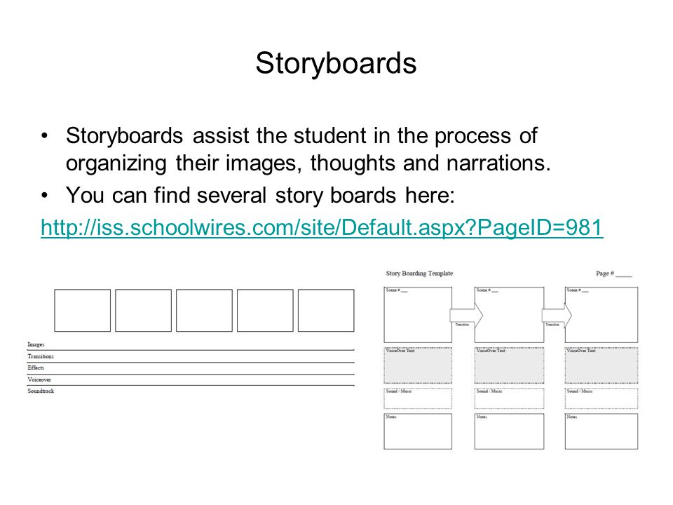 Storyboards Storyboards assist the student in the process of organizing their images, thoughts and narrations.