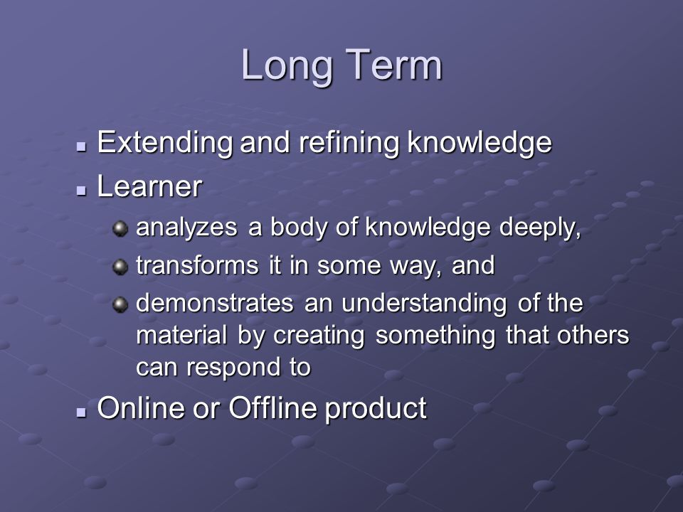 Long Term Extending and refining knowledge Extending and refining knowledge Learner Learner analyzes a body of knowledge deeply, transforms it in some way, and demonstrates an understanding of the material by creating something that others can respond to Online or Offline product Online or Offline product