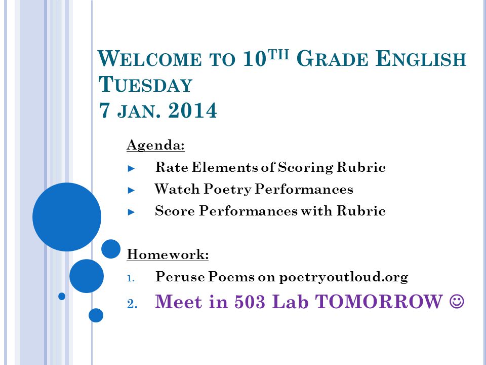 W Elcome To 10 Th G Rade E Nglish T Uesday 7 Jan Agenda Rate Elements Of Scoring Rubric Watch Poetry Performances Score Performances With Ppt Download