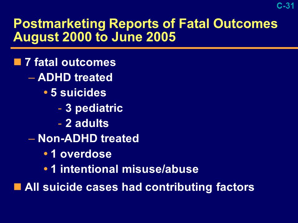 C-31 Postmarketing Reports of Fatal Outcomes August 2000 to June fatal outcomes –ADHD treated  5 suicides -3 pediatric -2 adults –Non-ADHD treated  1 overdose  1 intentional misuse/abuse All suicide cases had contributing factors