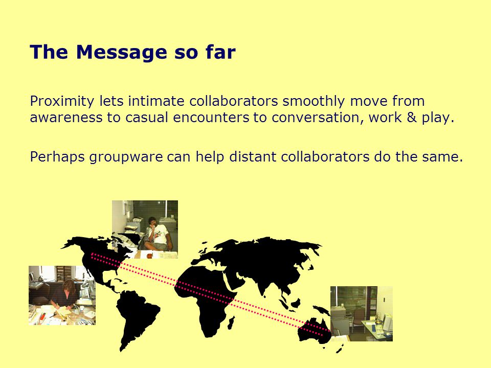 The Message so far Proximity lets intimate collaborators smoothly move from awareness to casual encounters to conversation, work & play.