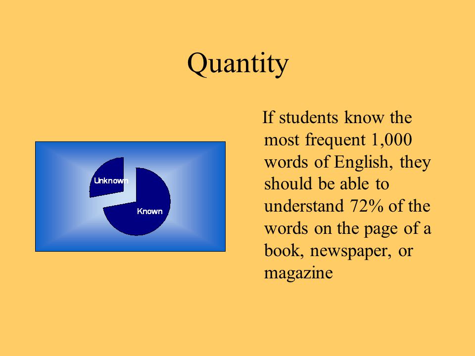 Quantity If students know the most frequent 1,000 words of English, they should be able to understand 72% of the words on the page of a book, newspaper, or magazine