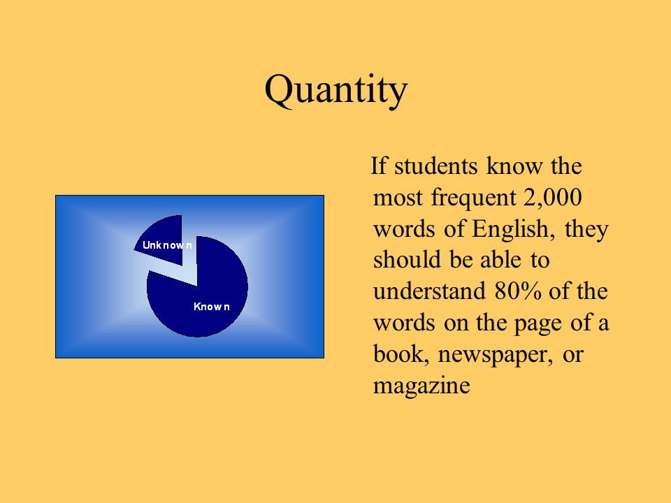 Quantity If students know the most frequent 2,000 words of English, they should be able to understand 80% of the words on the page of a book, newspaper, or magazine