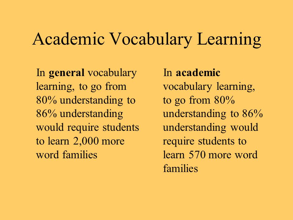 Academic Vocabulary Learning In general vocabulary learning, to go from 80% understanding to 86% understanding would require students to learn 2,000 more word families In academic vocabulary learning, to go from 80% understanding to 86% understanding would require students to learn 570 more word families