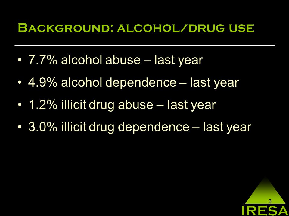 3 Background: ALCOHOL/DRUG USE 7.7% alcohol abuse – last year 4.9% alcohol dependence – last year 1.2% illicit drug abuse – last year 3.0% illicit drug dependence – last year