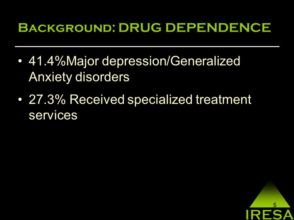 5 Background: DRUG DEPENDENCE 41.4%Major depression/Generalized Anxiety disorders 27.3% Received specialized treatment services