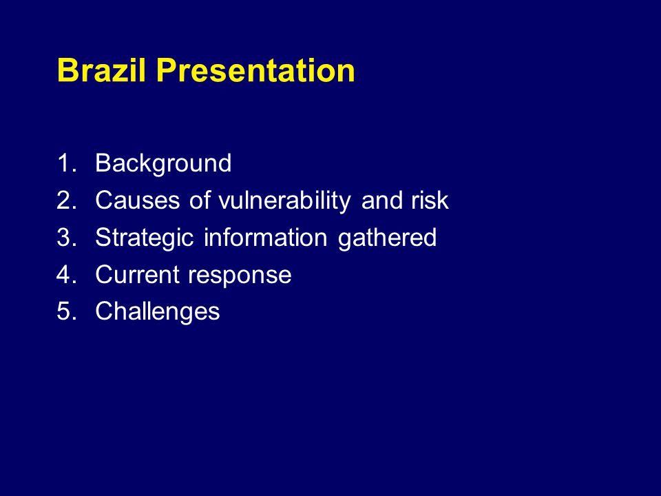 Brazil Presentation 1.Background 2.Causes of vulnerability and risk 3.Strategic information gathered 4.Current response 5.Challenges