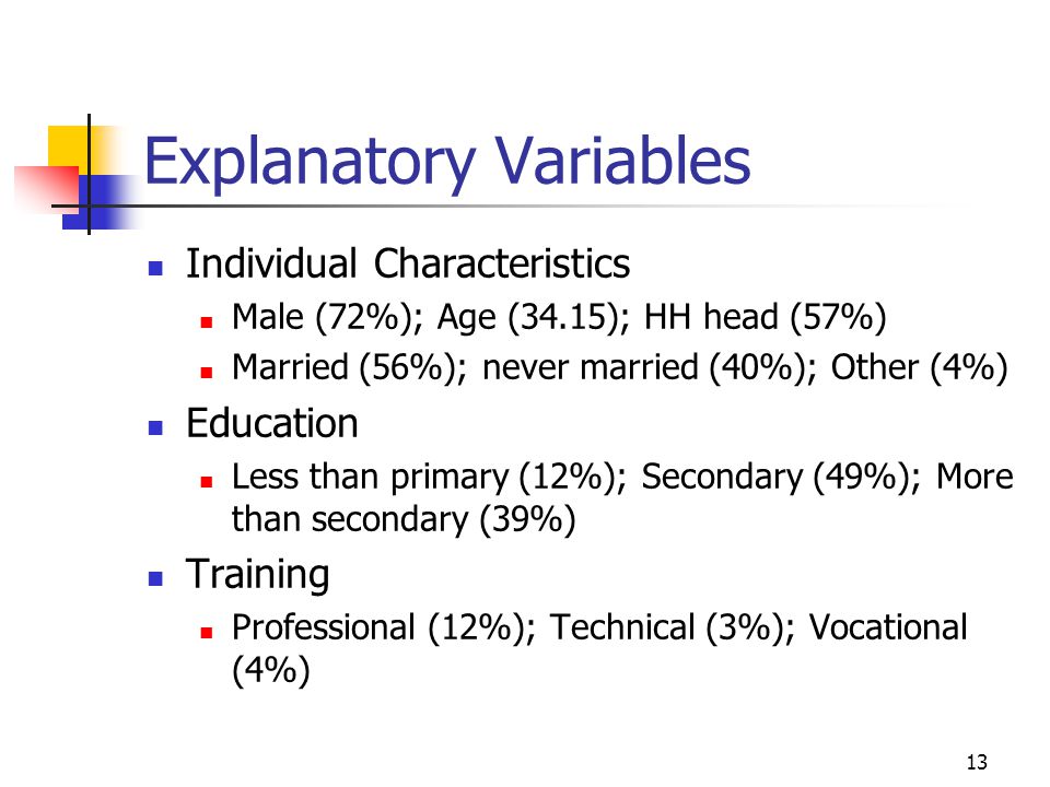 13 Explanatory Variables Individual Characteristics Male (72%); Age (34.15); HH head (57%) Married (56%); never married (40%); Other (4%) Education Less than primary (12%); Secondary (49%); More than secondary (39%) Training Professional (12%); Technical (3%); Vocational (4%)