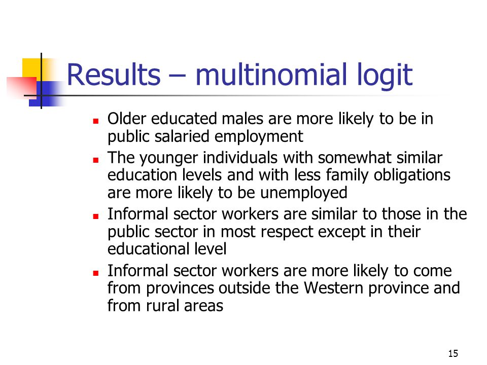 15 Results – multinomial logit Older educated males are more likely to be in public salaried employment The younger individuals with somewhat similar education levels and with less family obligations are more likely to be unemployed Informal sector workers are similar to those in the public sector in most respect except in their educational level Informal sector workers are more likely to come from provinces outside the Western province and from rural areas