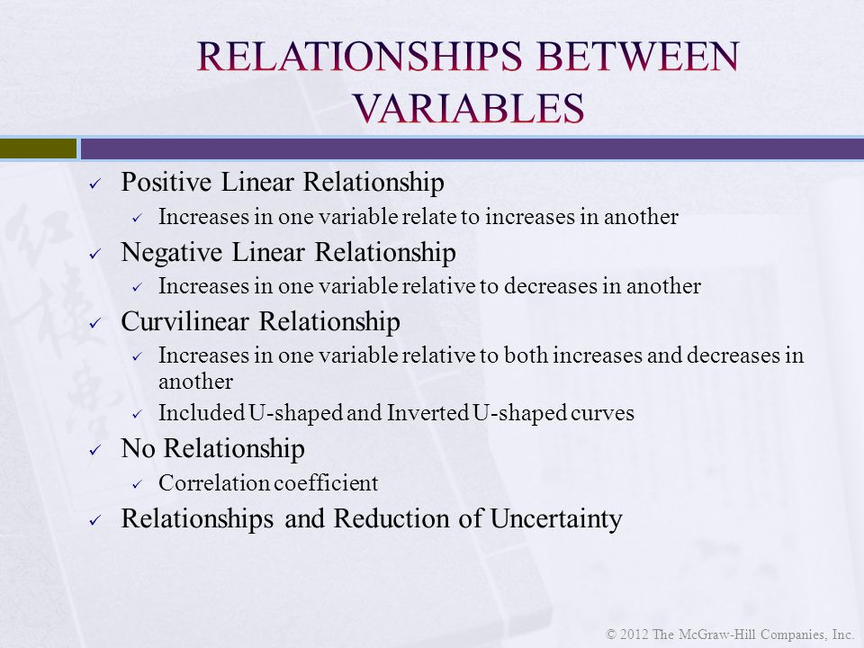 Positive Linear Relationship Increases in one variable relate to increases in another Negative Linear Relationship Increases in one variable relative to decreases in another Curvilinear Relationship Increases in one variable relative to both increases and decreases in another Included U-shaped and Inverted U-shaped curves No Relationship Correlation coefficient Relationships and Reduction of Uncertainty © 2012 The McGraw-Hill Companies, Inc.