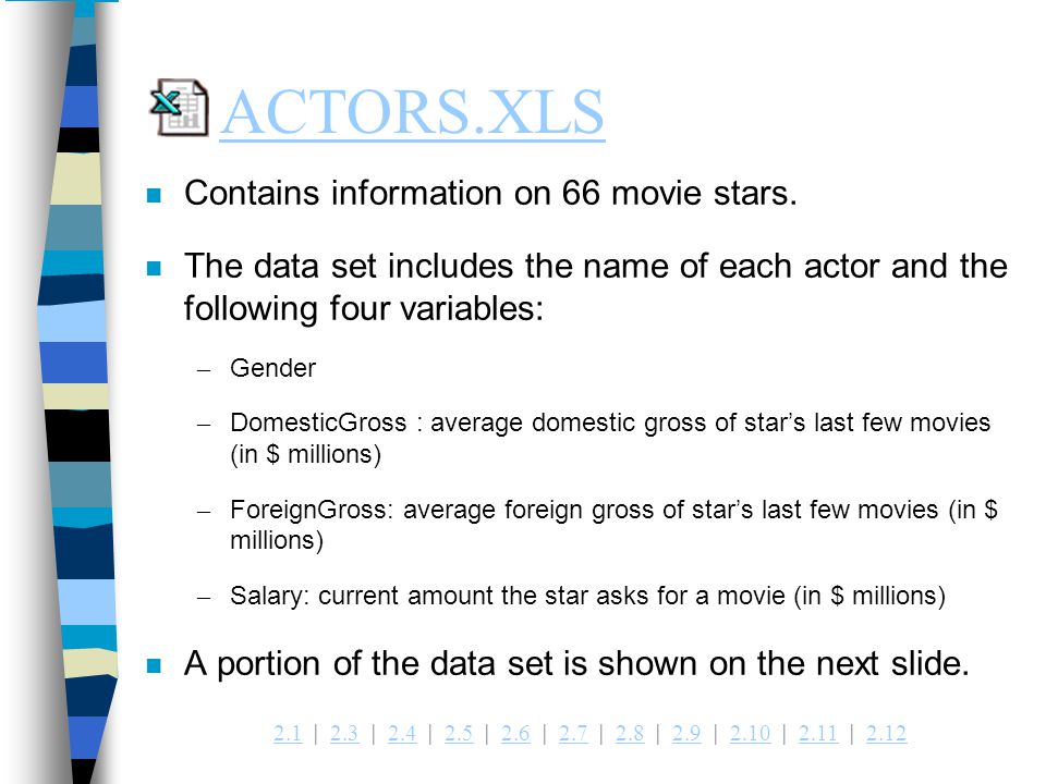 | 2.3 | 2.4 | 2.5 | 2.6 | 2.7 | 2.8 | 2.9 | 2.10 | 2.11 | ACTORS.XLS n Contains information on 66 movie stars.