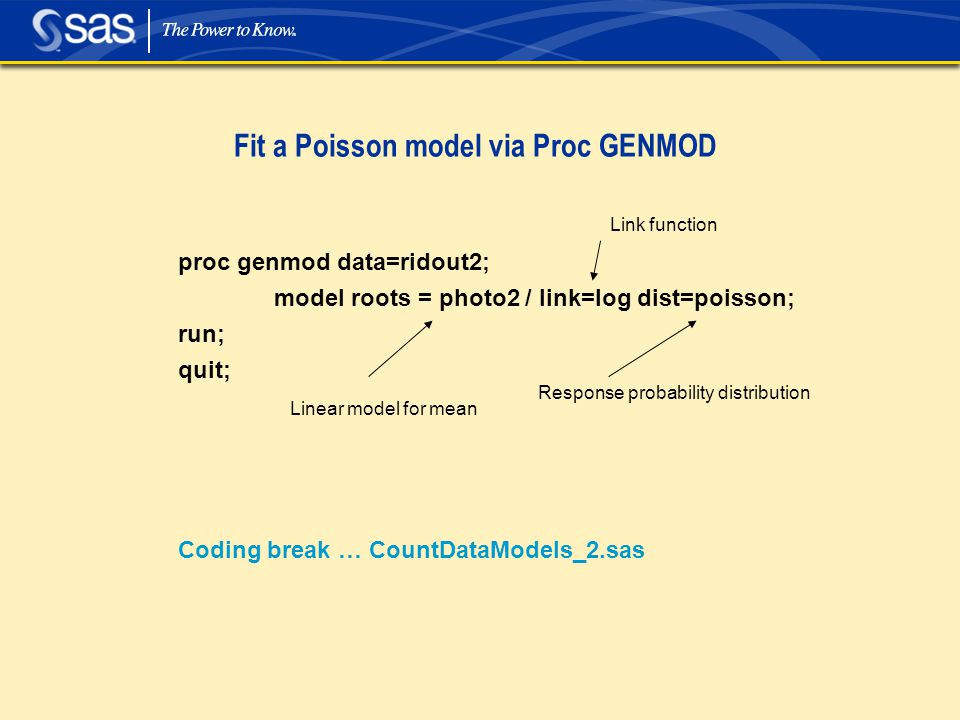 proc genmod data=ridout2; model roots = photo2 / link=log dist=poisson; run; quit; Coding break … CountDataModels_2.sas Fit a Poisson model via Proc GENMOD Response probability distribution Linear model for mean Link function