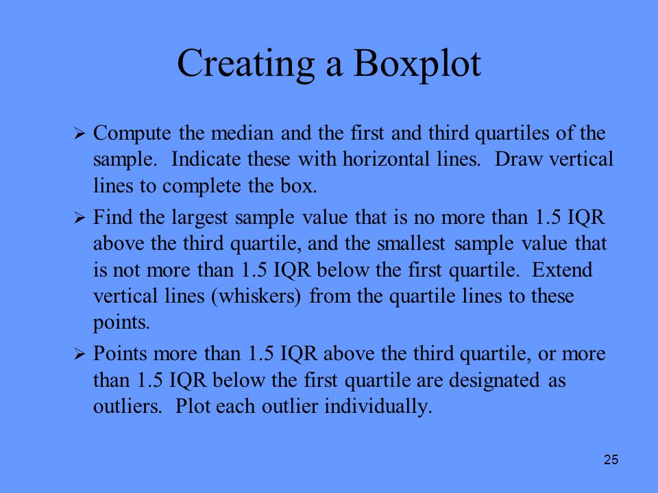 25 Creating a Boxplot  Compute the median and the first and third quartiles of the sample.