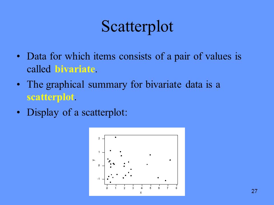 27 Scatterplot Data for which items consists of a pair of values is called bivariate.