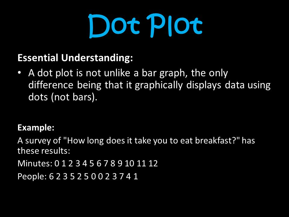Dot Plot Essential Understanding: A dot plot is not unlike a bar graph, the only difference being that it graphically displays data using dots (not bars).