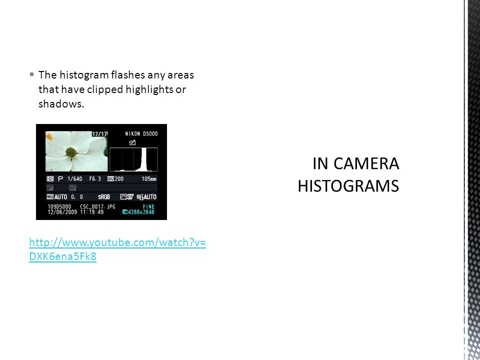  The histogram flashes any areas that have clipped highlights or shadows.