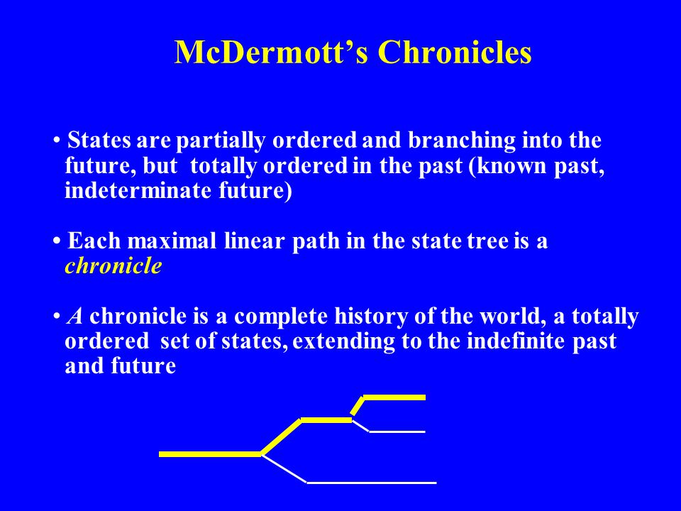 McDermott’s Chronicles States are partially ordered and branching into the future, but totally ordered in the past (known past, indeterminate future) Each maximal linear path in the state tree is a chronicle A chronicle is a complete history of the world, a totally ordered set of states, extending to the indefinite past and future