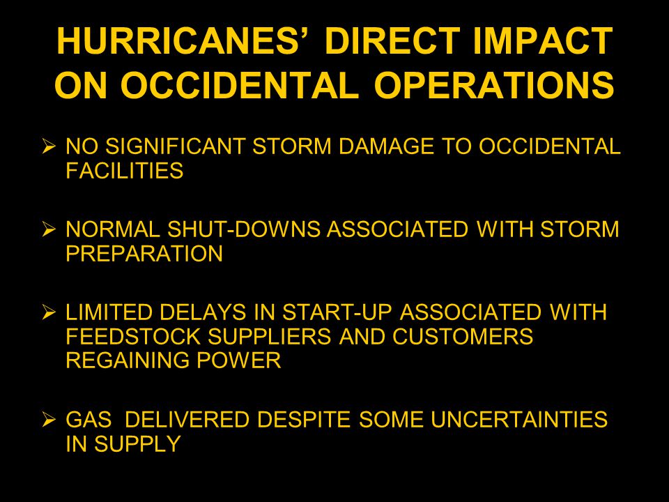 HURRICANES’ DIRECT IMPACT ON OCCIDENTAL OPERATIONS  NO SIGNIFICANT STORM DAMAGE TO OCCIDENTAL FACILITIES  NORMAL SHUT-DOWNS ASSOCIATED WITH STORM PREPARATION  LIMITED DELAYS IN START-UP ASSOCIATED WITH FEEDSTOCK SUPPLIERS AND CUSTOMERS REGAINING POWER  GAS DELIVERED DESPITE SOME UNCERTAINTIES IN SUPPLY
