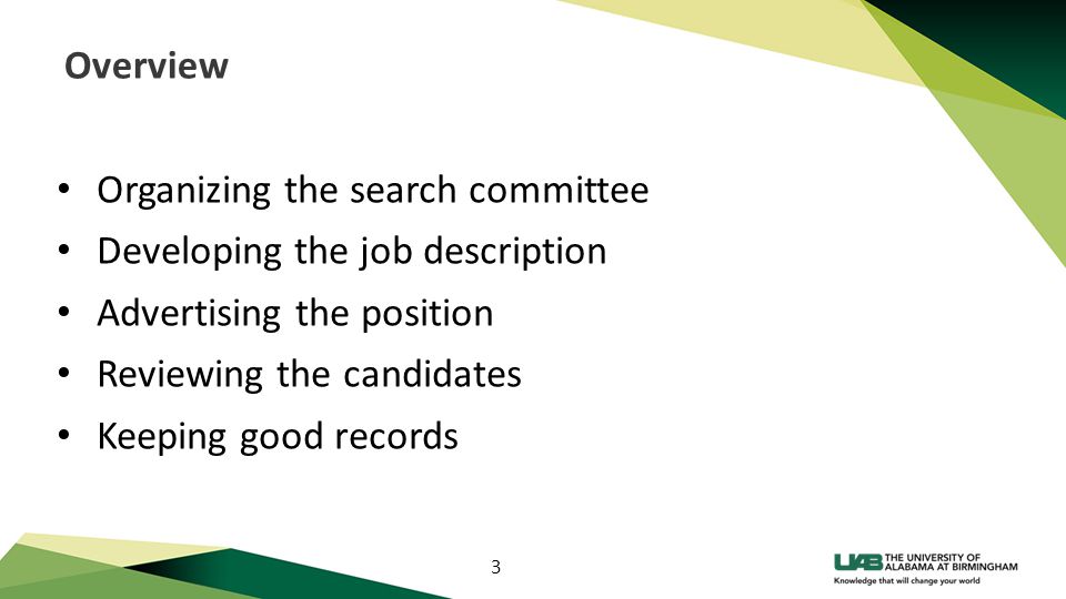 3 Overview Organizing the search committee Developing the job description Advertising the position Reviewing the candidates Keeping good records