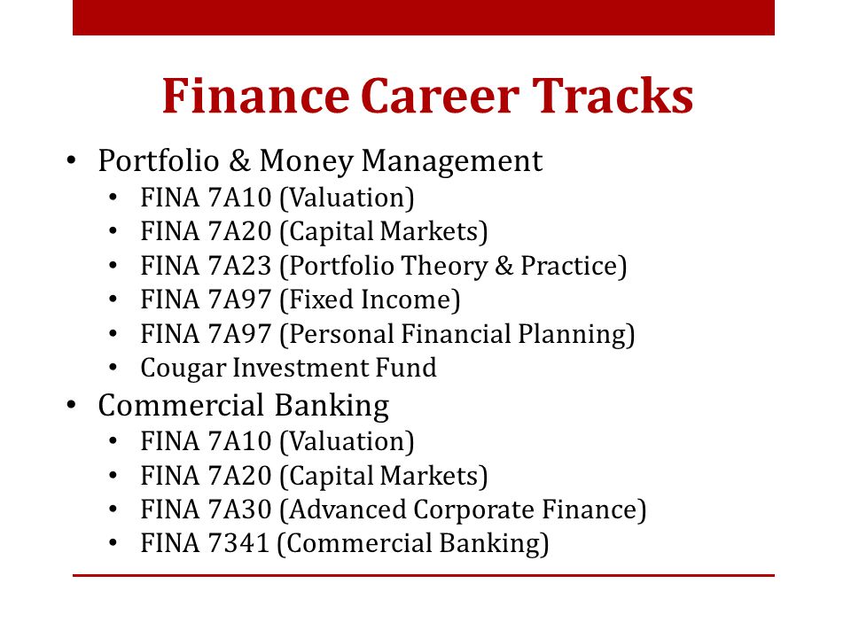 Portfolio & Money Management FINA 7A10 (Valuation) FINA 7A20 (Capital Markets) FINA 7A23 (Portfolio Theory & Practice) FINA 7A97 (Fixed Income) FINA 7A97 (Personal Financial Planning) Cougar Investment Fund Commercial Banking FINA 7A10 (Valuation) FINA 7A20 (Capital Markets) FINA 7A30 (Advanced Corporate Finance) FINA 7341 (Commercial Banking) Finance Career Tracks