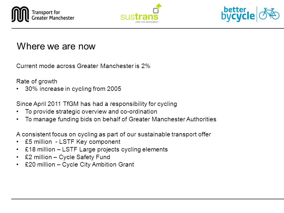 Where we are now Current mode across Greater Manchester is 2% Rate of growth 30% increase in cycling from 2005 Since April 2011 TfGM has had a responsibility for cycling To provide strategic overview and co-ordination To manage funding bids on behalf of Greater Manchester Authorities A consistent focus on cycling as part of our sustainable transport offer £5 million - LSTF Key component £18 million – LSTF Large projects cycling elements £2 million – Cycle Safety Fund £20 million – Cycle City Ambition Grant