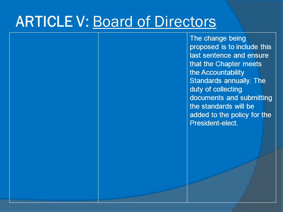 ARTICLE V: Board of Directors The change being proposed is to include this last sentence and ensure that the Chapter meets the Accountability Standards annually.